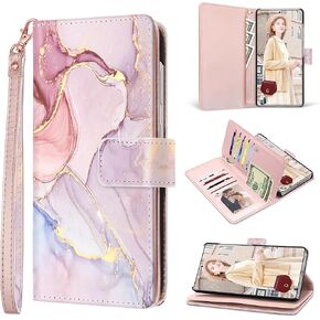 Fingic for Samsung Galaxy S25 Ultra Case Wallet for Women Girl[with 9 Card Holder]Marble Rose Gold PU Leather Detachable Wrist Strap Fullbody Slim Shockproof Flip Case for Samsung S25 Ultra,6.9",2025