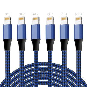 شاحن iPhone [Apple MFI Certified] Cable 6Pack-3/3/6/6/6/10 ft Nylon مضفر سلك شاحن شاحن فونج x/8/7/plus/6s/6/ipad