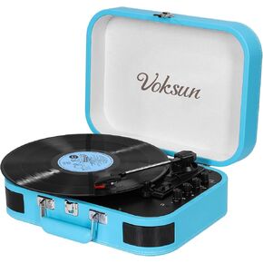 Record Player, Voksun Bluetooth Turntable with Built-in Stereo Speakers, 3-Speed Suitcase LP Vinyl Player, Supports Vinyl to MP3 Recording, Phonograph with AUX USB RCA Headphone Jack, Sky Blue