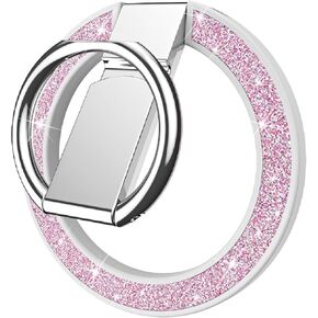 Guppy Glitter Magnetic Cell Phone Ring Holder, 360° Rotation Magnetic Phone Grip with Adjustable Kickstand Finger, Strong Metal Stand Compatible with MagSafe iPhone 16/15/14/13/12 Series-Pink