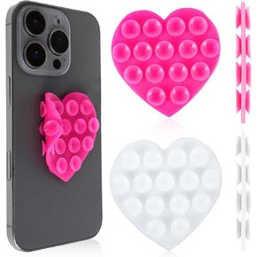 2Pcs Heart-Shape Phone Suction Grip, Double-Sided Suction Phone Case Mount, Silicone Phone Sticky Grip Hands-Free Sticky Phone Suction Holder Silicon Adhesive Phone Accessory for (Pink+White)