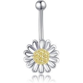 AXOMY Sunflower Belly Button Ring Dangle 925 Sterling Silver Hypoallergenic Belly Button Piercing Body Navel Rings Sexy Belly Button Jewelry Gifts for Women Girls (14G)