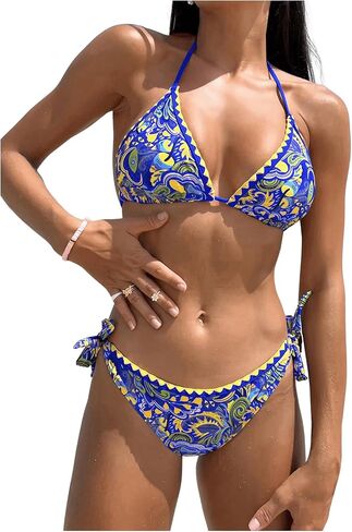 COZYEASE Women's Bikini Sets 2 Piece Halter Triangle Allover Print Swimsuit Set Boho Knot Side Bathing Suit Set in Kuwait