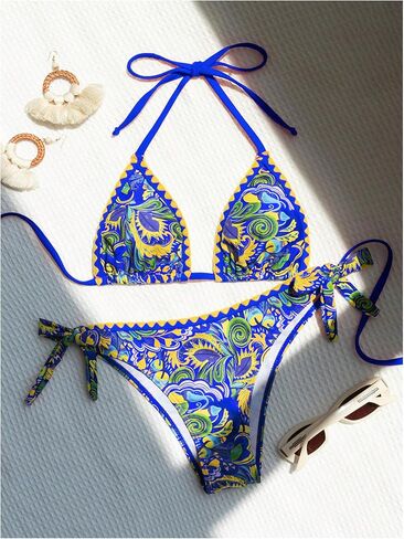 COZYEASE Women's Bikini Sets 2 Piece Halter Triangle Allover Print Swimsuit Set Boho Knot Side Bathing Suit Set in Kuwait