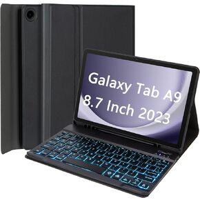 Case with Keyboard for Samsung Galaxy Tab A9 8.7 Inch 2023, 7 Colors Backlight Detachable Keyboard, Ultra-Thin Stand Cover with Pen Holder for Tab A9 8.7 Inch SM-X110/X115/X117,Black