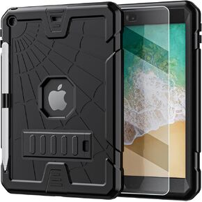 TSQQST iPad 5th 6th Generation Case 9.7" for Kids with Glass Screen Protector | iPad 9.7 Case with Pencil Holder+Stand | Silicone Drop Proof Case for iPad 5th 6th Gen 2017 2018 | Black