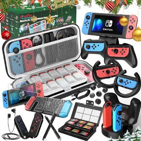 Switch Accessories Bundle 27 in 1 for Nintendo Switch, Christmas Surprise Gift Kit with Switch Carrying Case, Dockable Protective Case Cover, Screen Protector, Steering Wheel, Joycon Grip &More(Black)