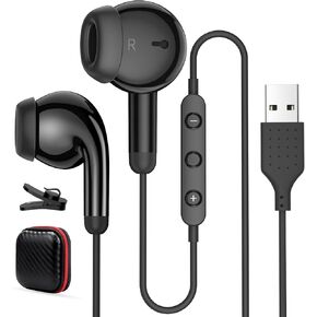 USB Earbuds for PC, USB Headphones with Microphone for Computer,Wired USB Headset with Mic Audio Controls Noise Isolating Stereo Laptop Earphones for Dell HP PS5 Surface Office Zoom Call Work Gaming
