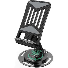 Cell Phone Stand for Desk, 360° Rotatable Adjustable Height and Angle Phone Desk Foldable Holder, Metal Base, Compatible 4-10 Inch All Mobile Phone/iPad/Tablet-Black