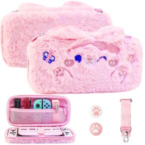 GLDRAM Pink Plush Carrying Case Compatible with Nintendo Switch & OLED, Cute Cartoon Cat Accessories Bundle with Portable Travel Storage Bag, Card Slot, Shoulder Strap & Thumb Grips for Girls Kids