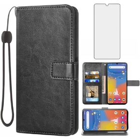 Compatible with Consumer Cellular ZMAX 5G / ZTE ZMAX 5G Z7540 Wallet Case Tempered Glass Screen Protector and Leather Flip Cover Card Holder Stand Cell Accessories Phone Cases for Women Men Black