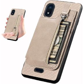 Card Slots For Artia P600 Case, ArtiaP600 Faux Leather Cover Carbon Fiber Pattern ANS Artia P600 Case Wallet Flip Stand Magnetic Closure | Zipper Card Holder [Support Magnetic Car Mount]-khaki
