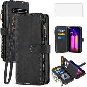 Asuwish Phone Case for LG V60 ThinQ V60ThinQ 5G G9 Thin Q Wallet Cover and Tempered Glass Screen Protector Leather Flip Credit Card Holder Slot Cell Accessories LGV60 V 60 60ThinQ 60V Women Men Black
