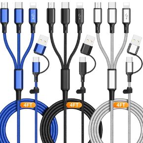 3Pack Multi 6 in 1 Fast Charging Cable 4FT/1.2M Quick Charge Cord Nylon Braided USB A/C to Type C+Micro USB+i-Product Connector Sync Adapter for Phone/Android/Tablets