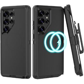 Compatible with Samsung Galaxy S25 Ultra Case, with Belt Clip Holster Heavy Duty Magnetic Wireless Charging Full Body Protection Kickstand Cover for Samsung Galaxy S25 Ultra Phone (Black)
