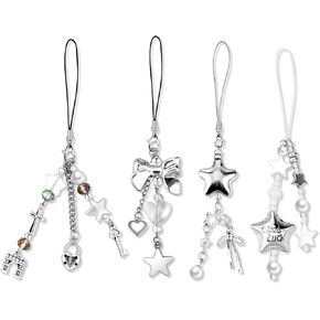 4Pcs Cute Phone Charms Y2K Bow Star Cell Phone Charms for Case Silver Charms for Phone Kawaii Car Phone Charm Kit Phone Keychain Charm Aesthetic Accessories for Phone Bag Camera Pendant