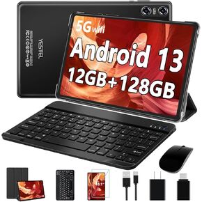 2025 Android 13 Tablet 10 inch Tablet with 12GB RAM + 128GB ROM,1TB Expand,2.0GHz Octa-Core Processor,IPS HD Display,Support 5G WiFi,GPS,Bluetooth 5.0 with Keyboard,Mouse - Black