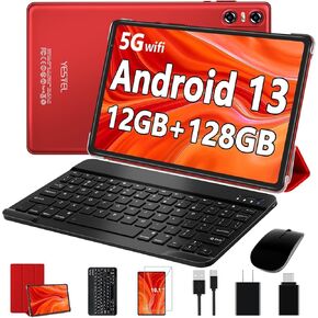 2025 Android 13 Tablet 10 inch Tablet with 12GB RAM + 128GB ROM,1TB Expand,2.0GHz Octa-Core Processor,IPS HD Display,Support 5G WiFi,GPS,Bluetooth 5.0 with Keyboard,Mouse - Red