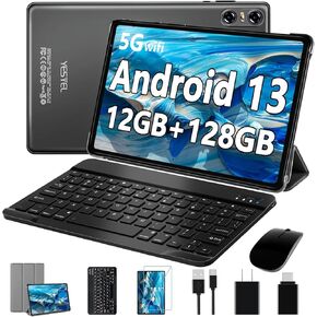 2025 Android 13 Tablet 10 inch Tablet with 12GB RAM + 128GB ROM,1TB Expand,2.0GHz Octa-Core Processor,IPS HD Display,Support 5G WiFi,GPS,Bluetooth 5.0 with Keyboard,Mouse - Grey