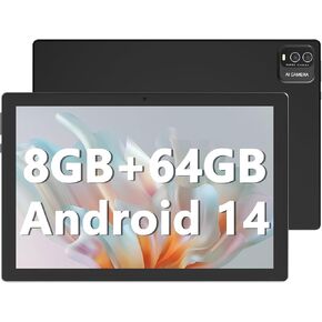 Tablet 10 inch Android 14 Tablets, 8GB RAM + 64GB ROM (Expand to 1TB), Quad Core Processor Tablets, 5G WiFi 6, BT5.0, 1280x800 IPS Touch Screen, 6000mAh Battery, 8MP Dual Camera, GMS Certified Tablet