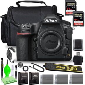 Nikon D850 DSLR Digital Camera Body Only (1585) Deluxe Bundle Kit with SanDisk 64GB Extreme PRO SD Card + (2) Extra Compatible Batteries + Large Camera Bag + Wireless Remote + More