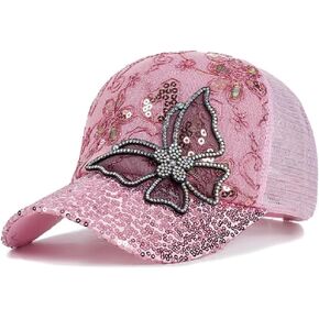 ANKOMINA Women's Sparkly Sequin Butterfly Baseball Cap Trucker Mesh Ponytail Cap Shiny Casual Sports Sun Hat