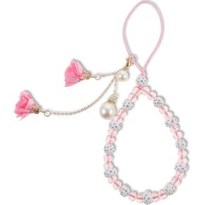 1 PCS Phone Charm Wristlet Crystal Beads Mobile Phone Chain Camera Charm Strap Non-slip Phone Lanyard Wrist Strap Creative Crystal Flower Pendant Phone Charm Detachable Phone Bracelet Strap (Pink)