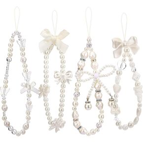 Draupnir 4pcs Phone Charms Strap, Butterfly Bow Knot Beaded Phone Bracelet Strap, Beaded Camera Wrist Strap, Pearl Bracelet Wrist Strap, Phone Bracelet Lanyard for Women Phone Cute Keychain Charm