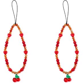 2pcs Phone Charms Strap, Cherry Beaded Cherry Agate Cell Phone Beaded Wrist Lanyard Phone Wrist Strap Cherry Handmade Phone Case Phone Chain String for Women Girls Gifts(Red)