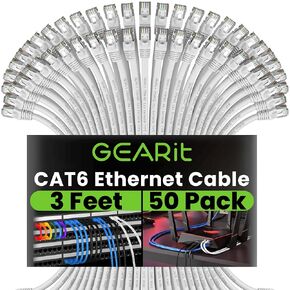 GEARit Cat 6 Ethernet Cable (50-Pack 3 Feet) Cat6 Network Patch, 10Gbps, RJ45, Snagless Cord, Gold-Plated Connectors, Internet for PC, TV, Tablet, Router, Printer, Servers, IT Data Center - White
