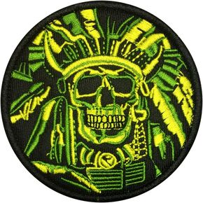 Death Skull War Chief USA Indian Army Military Tactical Morale Desert Badge Hook & Loop Embroidery Patch 3.34" Diameter (Green)