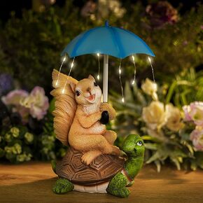MALISTER Solar Garden Statue Outdoor Decor, Squirrel Siting on Turtle Statue with String Lights Umbrella for Patio Decor, Garden Decor Garden Art Outdoor Lawn Decor Yard Art, Housewarming Garden Gifts