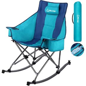 350lbs Rocking Camping Chair, Oversized Fully Padded Patio Chair Lawn Chairs With Cooler Bag Headrest and Cup Holder Rocking Chair Outdoor Folding Chairs For Outside Camping Contest(BlueGreen)