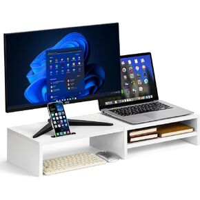 Dual Monitor Stand Riser - Wooden Dual Display Stand for Desk, 31.5" Monitor Shelf with Storage Drawer, Computer Organizer for Office Desk, Home Office or Gaming Setup (Black)