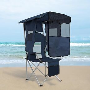 ptlsy Camping Chair with Adjustable Shade Canopy, Portable Folding Chair for Adults, Heavy Duty Outdoor Sports, Beach, Camping, Fishing - Phone & Cup Holder, Cooler Bag, Supports 330LBS (Navy)