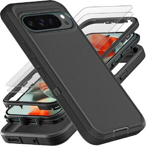 for Google Pixel 9 Pro XL Case, Military Grade 3 in 1 Heavy Duty Shockproof/Drop Proof/Dust Proof Case with 2Pcs Tempered Glass Screen Protector (Black/Black)