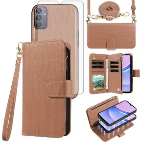 Asuwish Phone Case for Samsung Galaxy A15 5G/4G Zipper Wallet Magnetic Detachable Cell Cover with Tempered Glass Screen Protector Crossbody Lanyard Strap Card Holder Slot A 15 G5 15A Women Girls Brown