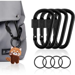 5 Pack Locking Carabiner Clip,3 Inch Black Keychain Clip D Ring Clip Aluminum Screw Carabiner with Key Rings Dog Leash Camping Hiking Accessories