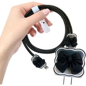 Kawaii Phone Cable Protector for iPhone 18W/20W USB-C Charger with 3D Bow Tie Wave Design,Clear Soft Charger Protective Case Data Line Cover Cute Cable Saver for iPhone Charger-Black