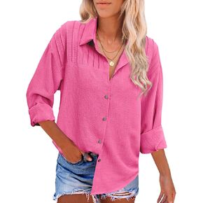 HOTOUCH Button Down Shirts for Women Casual Pleated Long Sleeve Shirt Textured Loose Fit Collared Blouse Tops
