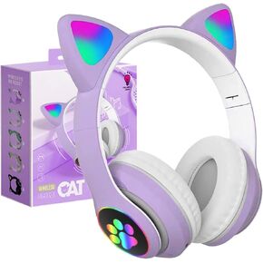 Cat Ear Bluetooth Headphones with Microphone, Foldable Light-Up Headphones for Kids, Compatible with Tablets, iPads, Smartphones, and School Use (Purple)