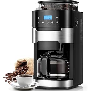 10-Cup Drip Coffee Maker with Built-in Grinder,Programmable Grind & Brew, Coffee Machines with Smart LED Touchscreen, 24H Timer, Customizable Strength & Grind Size,Black