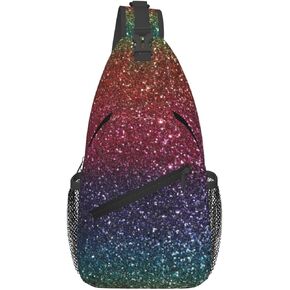Rainbow Glitter Bling Print Small Sling Bags For Men Women Unisex Lightweight Shoulder Backpack Small Crossbody Chest Sling Travel Hiking Walking Cycling Casual Daypack with Adjustable Strap