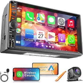 7" Wireless Double Din Car Radio Stereo with Carplay Android Auto Touch Screen, Car Audio Receivers Head Unit, Bluetooth 5.3, Backup Camera, FM/AM/RDS, SWC, Mirrorlink, Charging Function