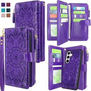 Harryshell Compatible with Samsung Galaxy S25 Wallet Case Detachable Phone Cover with Zipper Cash Coin Pocket Multi Card Slots Holder Wrist Strap Lanyard 6.2 inch (Floral Teal)