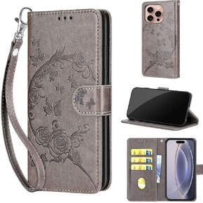Designed for iPhone 16 Pro Case Wallet,Women Flip Folio Cover with Embossed PU Leather Stand Credit Card Holders Slots Wrist Strap Phone Case for iPhone 16 Pro 6.3 Inch (Gray Flower)