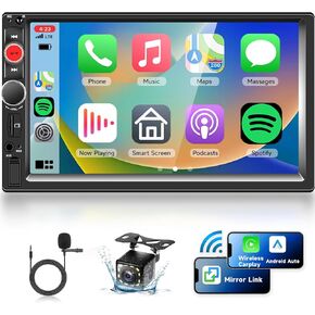 Double Din Car Stereo Radio with CarPlay Android Auto, 7 Inch HD Touch Screen Car Play Audio Receivers with Bluetooth, HD Backup Camera, FM, Mirror Link, USB/TF/AUX/SWC