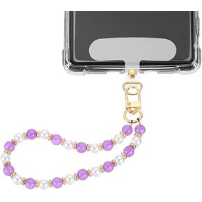 uxcell Pearl Beaded Phone Wrist Strap, Phone Chain Lanyard Hands-Free Wristlet Bracelet Phone Charm with Tether Tab for Wallet Keychain Camera Earphone, Light Purple & White