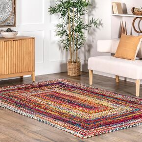 nuLOOM Tammara Bohemian Hand Braided Area Rug- Cotton, Handmade, Eco-Friendly, Colorful, Red, Blue, Pink, Yellow