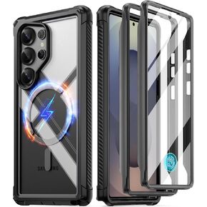 Poetic Guardian Case for Galaxy S25 Ultra 5G 6.9 inch, [20FT Mil-Grade Drop Tested] Built-in Screen Protector [Work with Fingerprint ID] Full Body Shockproof Rugged Clear Case, MagPro Black/Clear